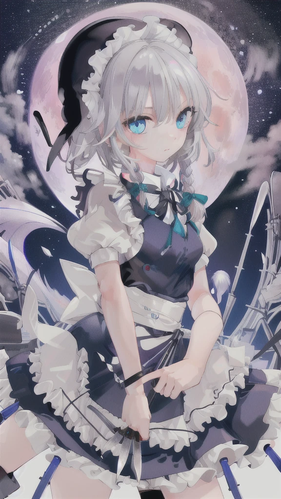 best quality, masterpiece, highres,1girl, full_moon
(best image quality), masterpiece, Highest quality, High resolution, One girl, alone, sakuya1, Maid, Bachelor, Grey Hair, Medium chest, knife,blue eye