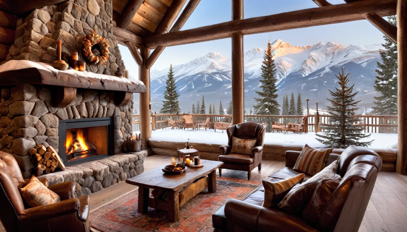 A quaint, snow-covered ski lodge nestled in the Rockies. The fire crackles in the fireplace, casting a warm glow over rustic wooden beams and comfy armchairs with a grand window that overlooked the snowy landscape. a rug near the fireplace, a dinner table next to the hearth room