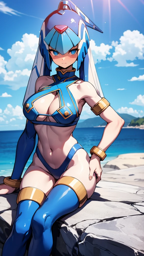 Leviathan_Megamanz, 1 Girl ,Looking at the viewer , blue hair, Blue eyes,Clouds background , Blushed , , Wedding ring, Glasses, Sitting on top of a rock, sensual gaze , Blue Micro bikini