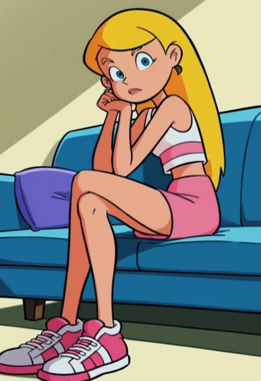 score_9, score_8_up, score_7_up,
1girl, sabrina spellman, blonde hair, blue eyes, long hair, swept bangs, earrings, mismatched earrings, looking at viewer, frown, sitting, on couch, head rest, pink sneakers,
white tank top, pink stripe, striped tank top, midriff, pink skirt, tight skirt,