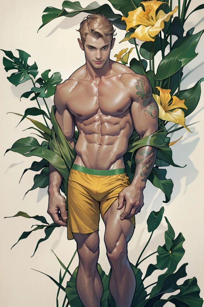 A handsome tall man standing, He is 28 years old,Thin waist,The pectoral muscles are well developed, He is 175cm tall,Weight 62 kg、yellow-green eyes、brown hair color、short hair、Shirtless、underwear、looking into camera,Smile,Rainforest,Tropical plants,tropical flowers,tattoo,accessories