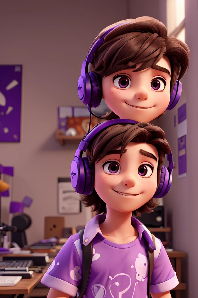 create an image of a young man who likes music wearing a purple blouse with a purple music print, brown or black hair, and using headphones