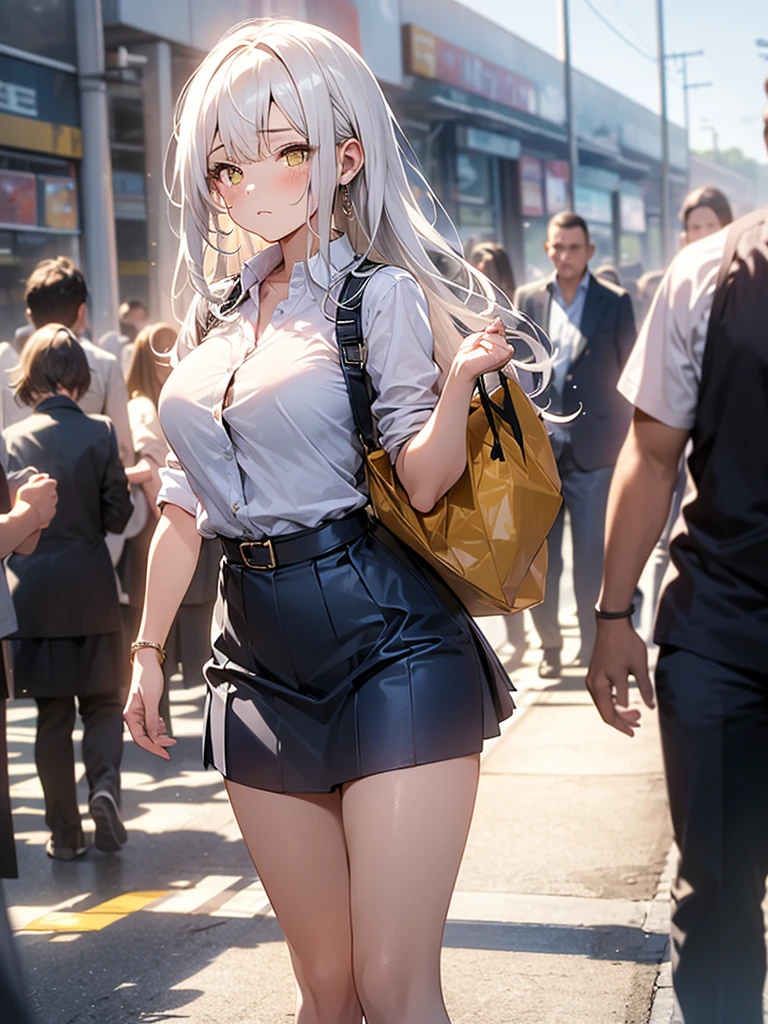 Girl, solo, Full Body, Long hair, white hair, Yellow eyes, sad face, eyes almost closed, Breasts, big Breasts, Large breasts, big Butt, white Button shirt, two Buttons popped out, Tight shirt, Short Skirt, Tiny Skirt, Dark BLUE skirt, tight Skirt, exposing your hands on your chest, in a public walmart