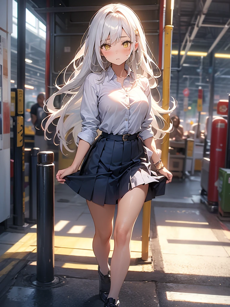 Girl, solo, Full Body, Long hair, white hair, Yellow eyes, sad face, eyes almost closed, Breasts, big Breasts, Large breasts, big Butt, white Button shirt, two Buttons popped out, Tight shirt, Short Skirt, Tiny Skirt, Dark BLUE skirt, tight Skirt, exposing your hands on your chest, in a public walmart