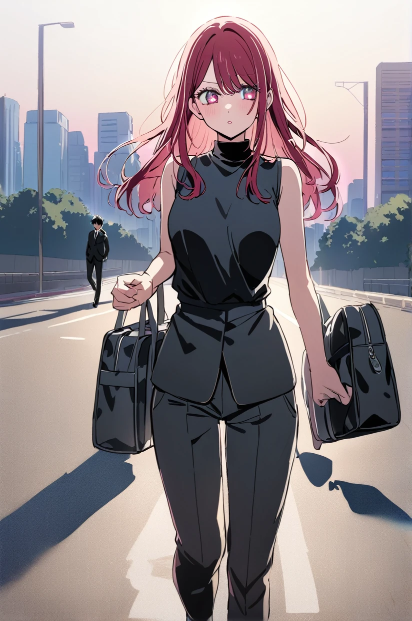 masterpiece, Highest quality, oshi no ko, One girl, He cultivated four (oshi no ko), Wearing a sleeveless top and a school bag, One boy, Hoshino Aquamarine wears a black suit, walk on the road at dawn