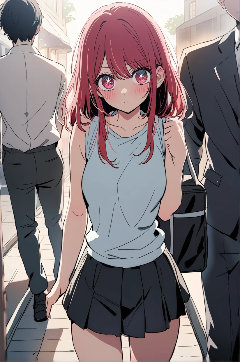 masterpiece, Highest quality, oshi no ko, One girl, He cultivated four (oshi no ko), Wearing a sleeveless top and a school bag, One boy, Hoshino Aquamarine wears a black suit, walk on the road at dawn
