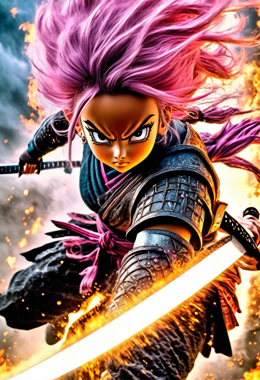 manga style, classical, art by akira toriyama, absurdres,1girl, gradient hair, pink hair, dark skinned,short Knight outfit,swinging a blazing fire katana,full body shot,detail medieval daungon backgroung