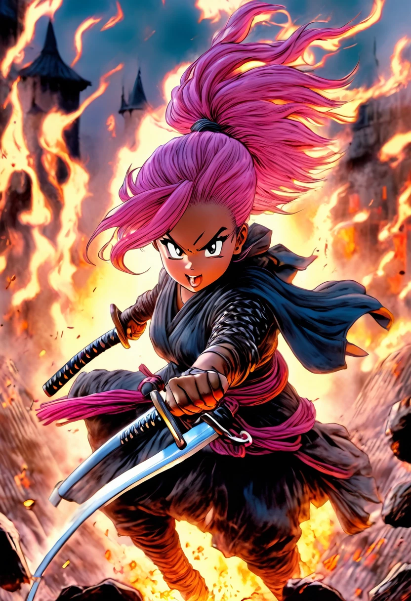 manga style, classical, art by akira toriyama, absurdres,1girl, gradient hair, pink hair, dark skinned,short Knight outfit,swinging a blazing fire katana,full body shot,detail medieval daungon backgroung