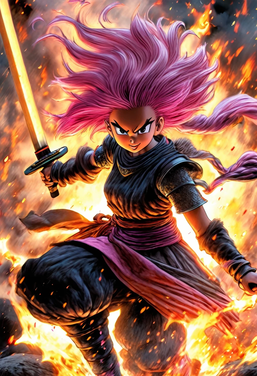 manga style, classical, art by akira toriyama, absurdres,1girl, gradient hair, pink hair, dark skinned,short Knight outfit,swinging a blazing fire katana,full body shot,detail medieval daungon backgroung