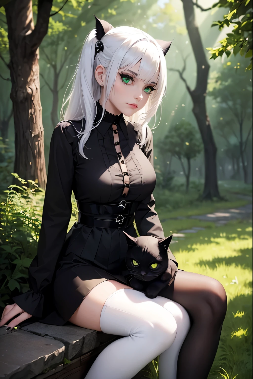 pretty woman, white hair, green eyes, black top and skirt, over the knee socks with stones on them, gothiccore style, anime style art, ((black cat sitting on Lap)), with Pet Cat, Black Cat, forest background, digital painting. --ar 3:4 --niji 6