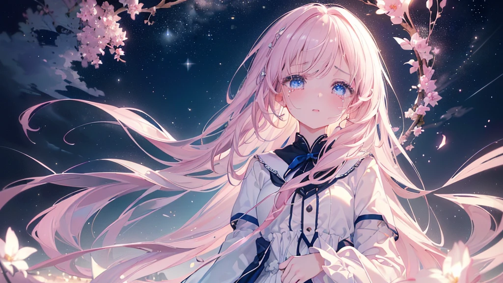 (Night Sky), ((Beautiful eyes)), (((tears))), (((Highest quality、masterpiece、Ultra-fine、Ultra-fine、Exquisite、16K、Full HD,high school girl))) 、Long eyelashes、White skin、(thin and long)、 ((cute)) ((One person)),Zoom out,(A magnificent composition、epic proportion)、(Pale pink lips、Pale pink cheeks、thin and long)、Dynamic lighting,