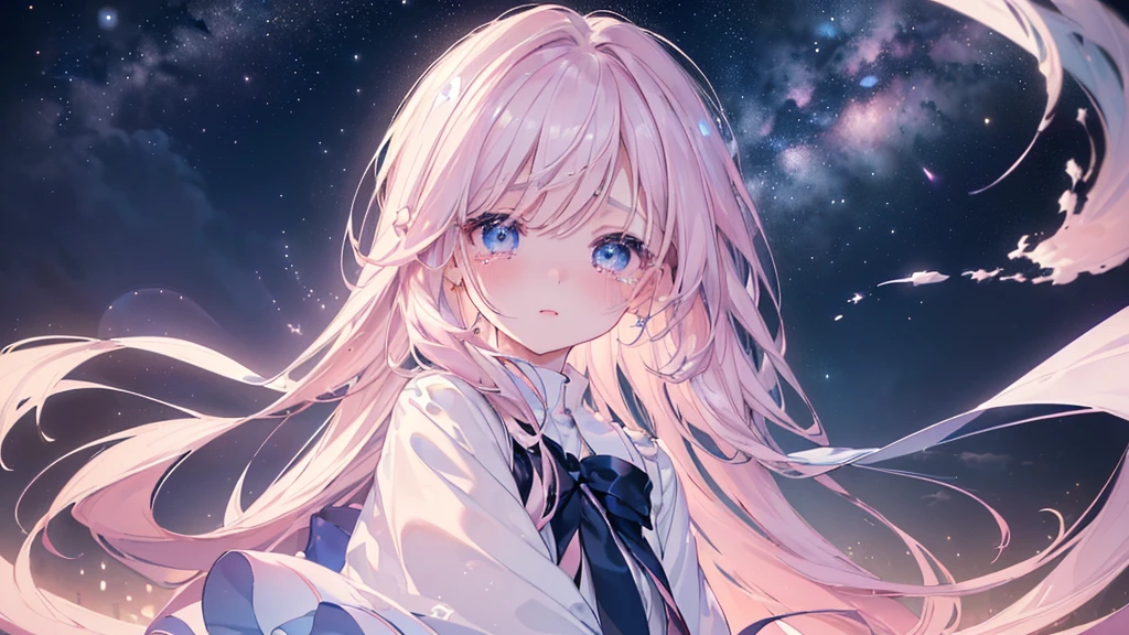 (Night Sky), ((Beautiful eyes)), (((tears))), (((Highest quality、masterpiece、Ultra-fine、Ultra-fine、Exquisite、16K、Full HD,high school girl))) 、Long eyelashes、White skin、(thin and long)、 ((cute)) ((One person)),Zoom out,(A magnificent composition、epic proportion)、(Pale pink lips、Pale pink cheeks、thin and long)、Dynamic lighting,