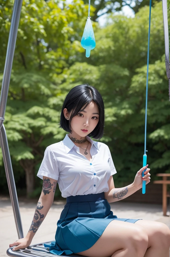 Picture an Asian woman with black hair and tattoos sitting on a swing sucking a blue popsicle, She wears a white blouse and a short skirt