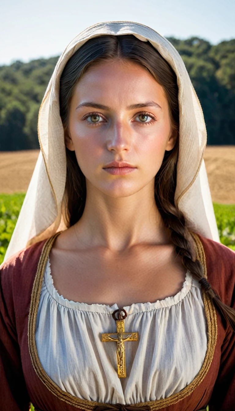 Frontal portrait (from the front) Mary, Mother of Jesus, eyes firm and aligned (symmetry in frontal portrait) (young woman punished by the sun) capturing her face. period lighting and senario (simple peasant style clothing)