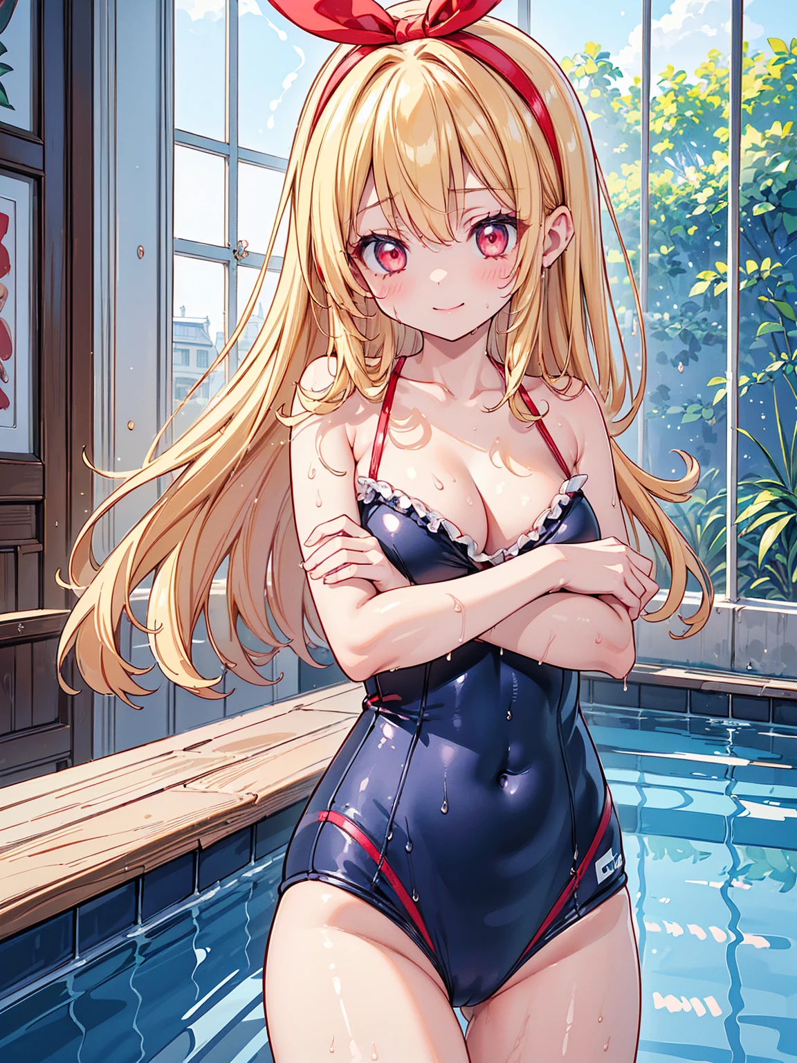 (RED Ribbon on HAIRband:1.2),aikatsu,masterpiece, best quality, ((beautiful detailed eyes):1.3),  old, RED eyes, Blonde hair,Straight hair, leg hair ribbon, RED headband,large_boob, ((tight brilliant shiny competition swimsuit:1.2, plunking neckline, plunking navel, cleavage)), ((extremely delicate and beautiful fabric):1.3), looking at viewer, ((gravure pose, crossed arms, under breasts)), seductive_orgasm smile, blush, slender, slim, (indoor pool, pool lane, swimming pool, competition pool, pool starting block, swimming building, water, water surface, daytime, window, sunlight, (in the pool):1.2), very clear, ((masterpiece, best quality, ultra-detailed):1.5), ((an extremely delicate and beautiful)), ((((illustration)))), (realistic:0.6), (extremely detailed skin), ((ultra-detailed:1.35)), (detailed fingers, absurdres, intricate, (1girl), ((solo)), ((glistening skin)), (((oily skin))), ((wet skin)),