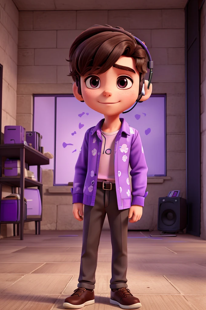 create an image of a young man who likes music wearing a purple blouse with a purple music print, brown or black hair, and using headphones