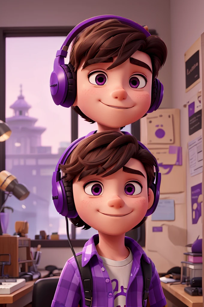 create an image of a young man who likes music wearing a purple blouse with a purple music print, brown or black hair, and using headphones
