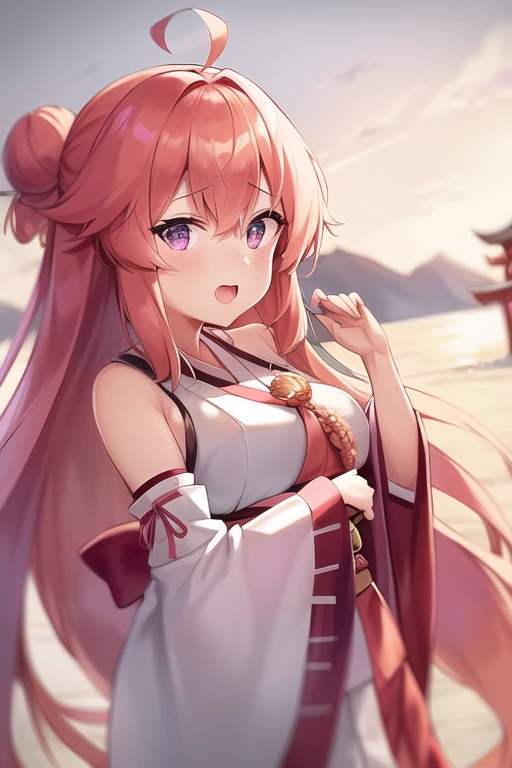 One girl, alone, Long Hair, King Kongu (Kantai Collection),Sakura Miko, Pink Hair, Double Bang, Purple eyes, Hair Bun, Ahoge, Open your mouth, Non-traditional Shrine Maiden, Removable sleeves, Brown eyes, White Background, (headgear):2, (Hair Bunド):2, smile, Sleeves edged with ribbon, Simple Background, kimono, Ribbon trim, View your viewers,  username, Upper Body, Wide sleeves, :d, King Kong