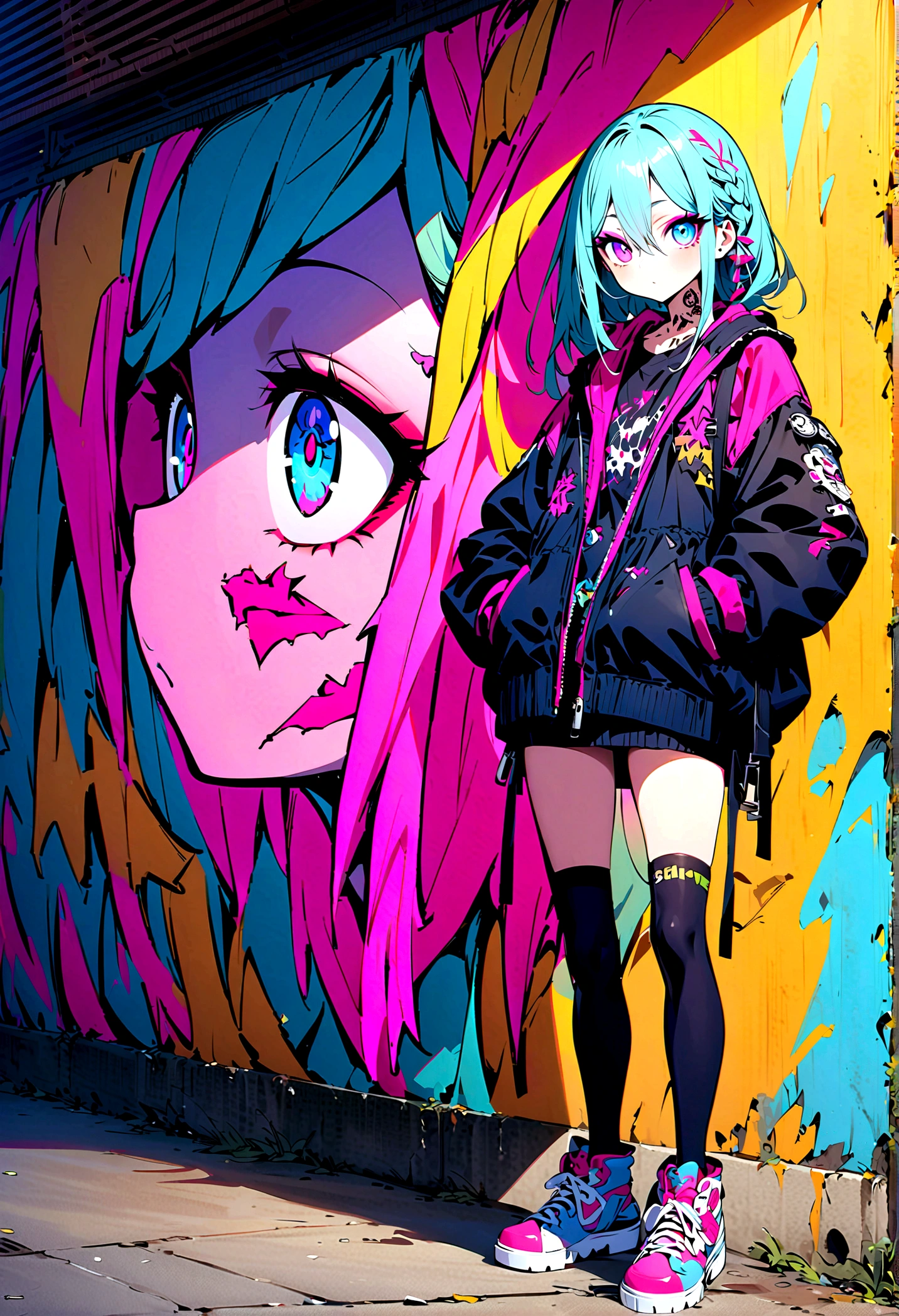 Step Piece, Best Quality, Best Illustration, Ultra-detailed,girl, pinkrose long hair, crazy baddie girl, Cool Black Open Short Jacket, neck tattoo, Messy Fade Cut Hair, Side braided hair,Crazy, standing with an eerie feeling, abandond street graffiti wall background,knee high socks, quirky sneakers, Eyeshadow on the eyes,unusual colored eyes, Eyes of fear, Vivid eyes, cool shot