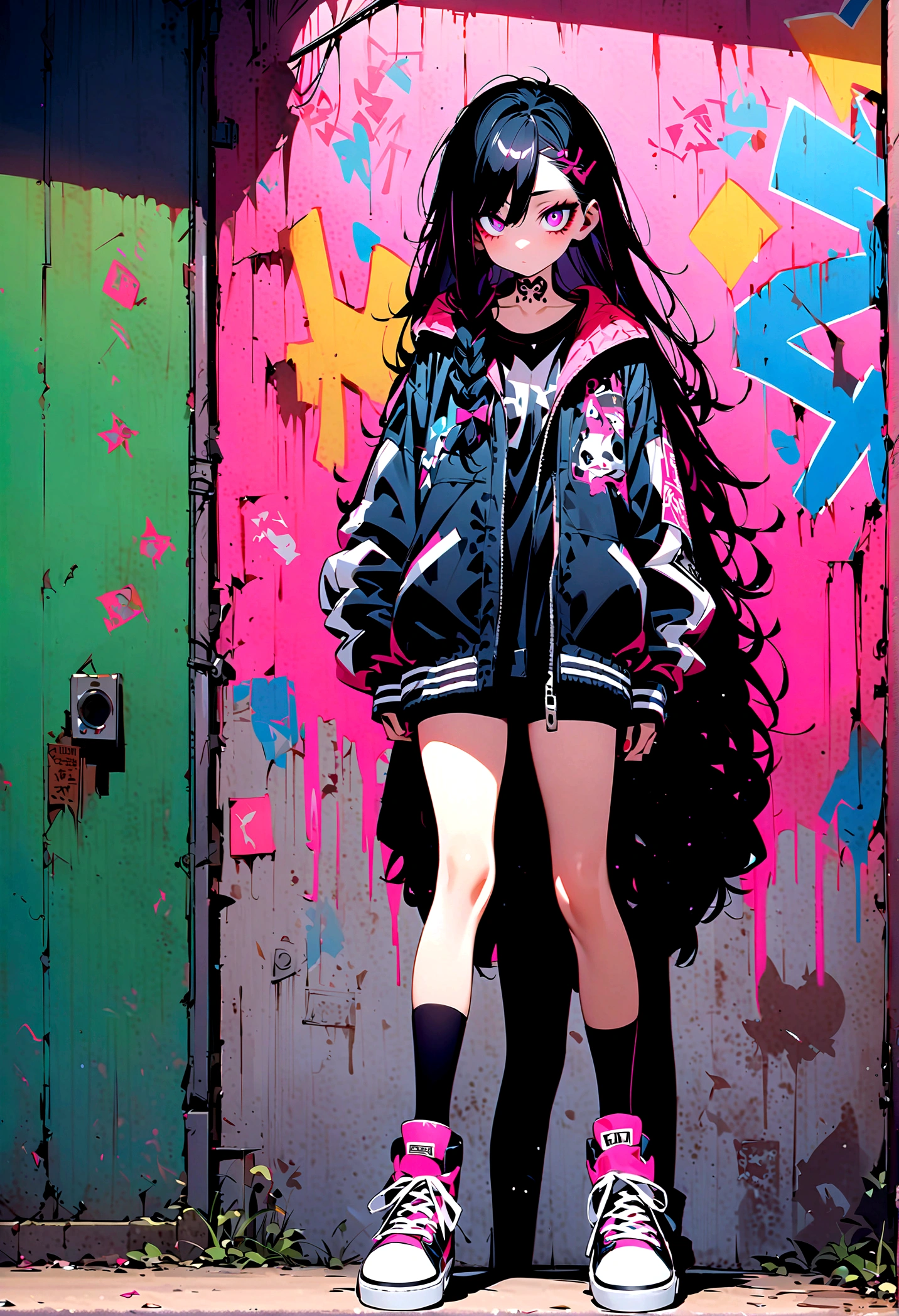 Step Piece, Best Quality, Best Illustration, Ultra-detailed,girl, pinkrose long hair, crazy baddie girl, Cool Black Open Short Jacket, neck tattoo, Messy Fade Cut Hair, Side braided hair,Crazy, standing with an eerie feeling, abandond street graffiti wall background,knee high socks, quirky sneakers, Eyeshadow on the eyes,unusual colored eyes, Eyes of fear, Vivid eyes, cool shot
