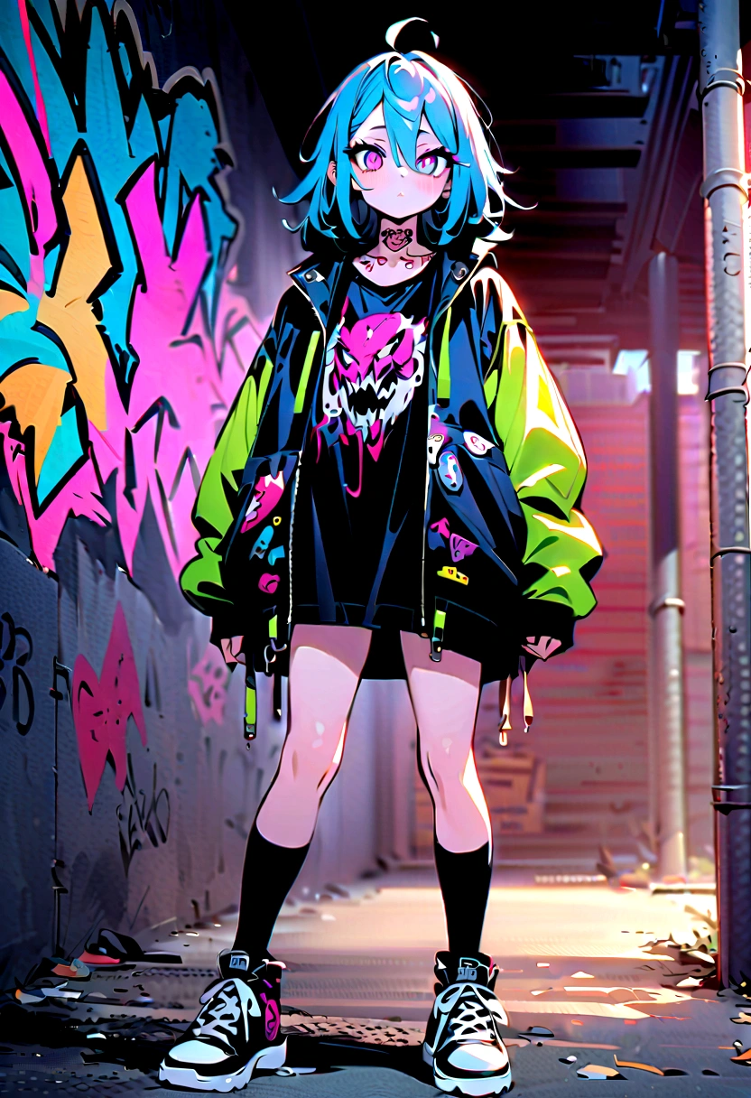 Step Piece, Best Quality, Best Illustration, Ultra-detailed,girl, pinkrose long hair, crazy baddie girl, Cool Black Open Short Jacket, neck tattoo, Messy Fade Cut Hair, Side braided hair,Crazy, standing with an eerie feeling, abandond street graffiti wall background,knee high socks, quirky sneakers, Eyeshadow on the eyes,unusual colored eyes, Eyes of fear, Vivid eyes, cool shot
