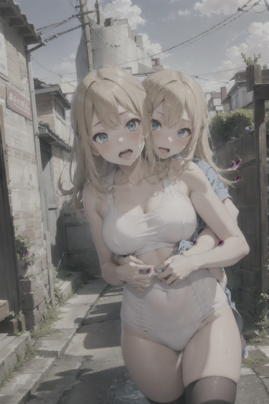 Summer Sea, Sexy Girl, White transparent slingshot swimsuit, Handsome man hugging his girlfriend from behind, speak in her ear, Lift her up, 40k, photograph, masterpiece, Highest quality, (One girl had blue eyes and blonde hair that curled quickly.、legs open), An older man leans on her from behind、Pick up, Eyes Wide Open, Sticking out tongue,-tongue, crazy, Open your mouth, Scream, AHE Face, Heavy breathing, blush, Sweat,