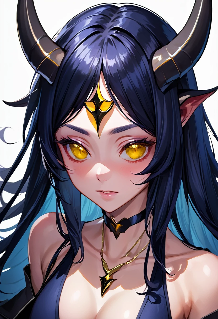 photo(portrait, from the front, close up, facing camera) of a woman(solo, succubus, long wavy hair, dark blue hair, light blue skin, androgynous face, yellow eyes, thin lips, four silver horns, Inhuman, Irresistible, Menacing, Violent), hentai game, anime, best quality, masterpiece, maximum detail, high resolution
