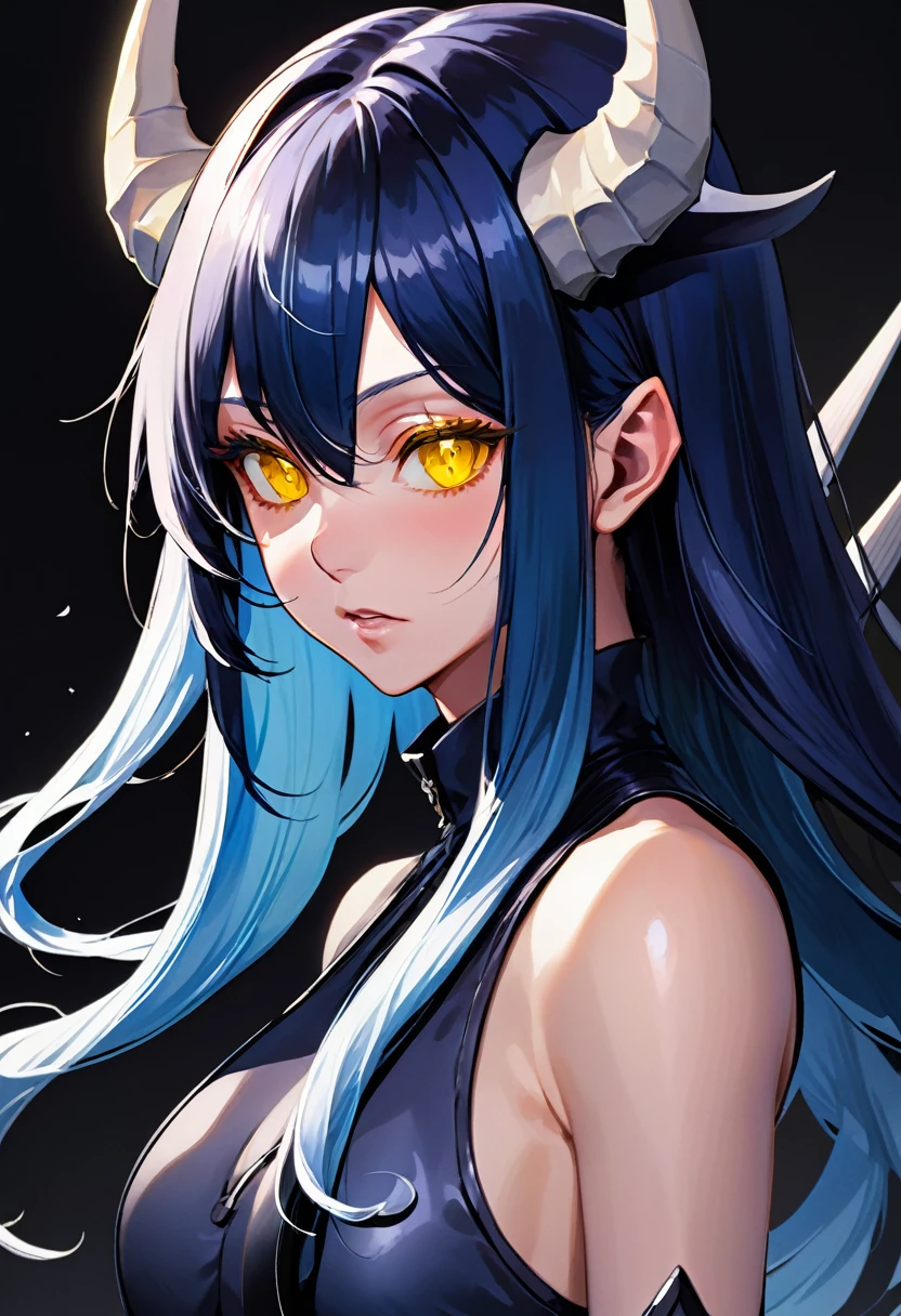 photo(portrait, from the front, close up, facing camera) of a woman(solo, succubus, long wavy hair, dark blue hair, light blue skin, androgynous face, yellow eyes, thin lips, four silver horns, Inhuman, Irresistible, Menacing, Violent), hentai game, anime, best quality, masterpiece, maximum detail, high resolution
