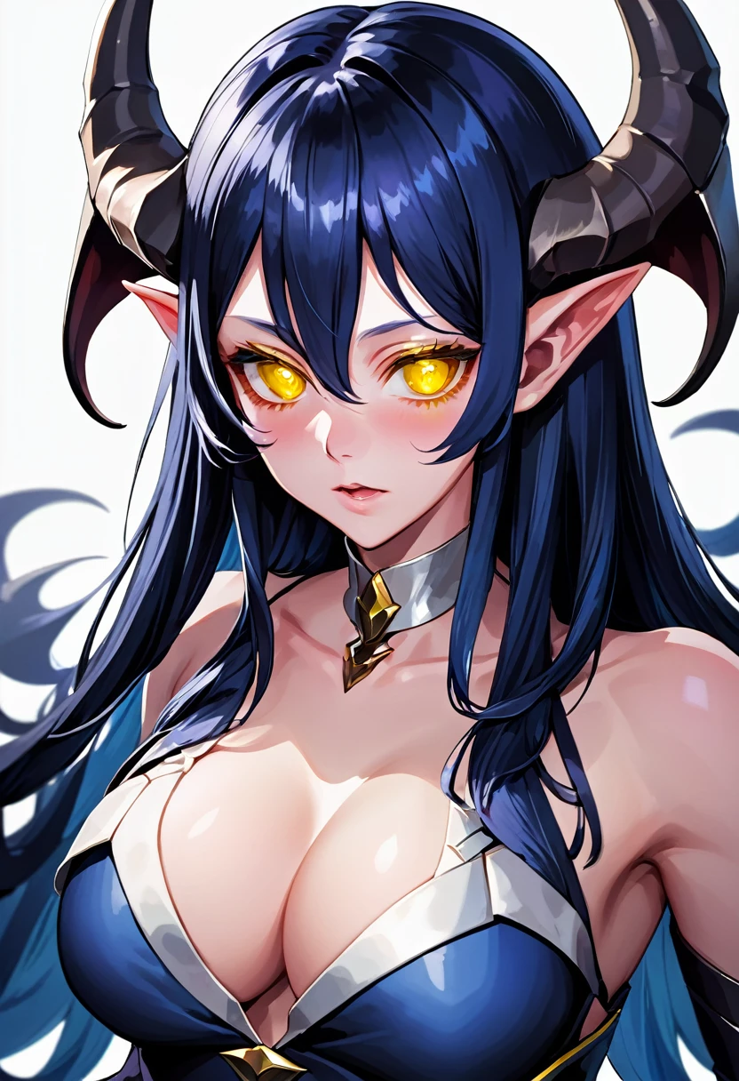 photo(portrait, from the front, close up, facing camera) of a woman(solo, succubus, long wavy hair, dark blue hair, light blue skin, androgynous face, yellow eyes, thin lips, four silver horns, Inhuman, Irresistible, Menacing, Violent), hentai game, anime, best quality, masterpiece, maximum detail, high resolution