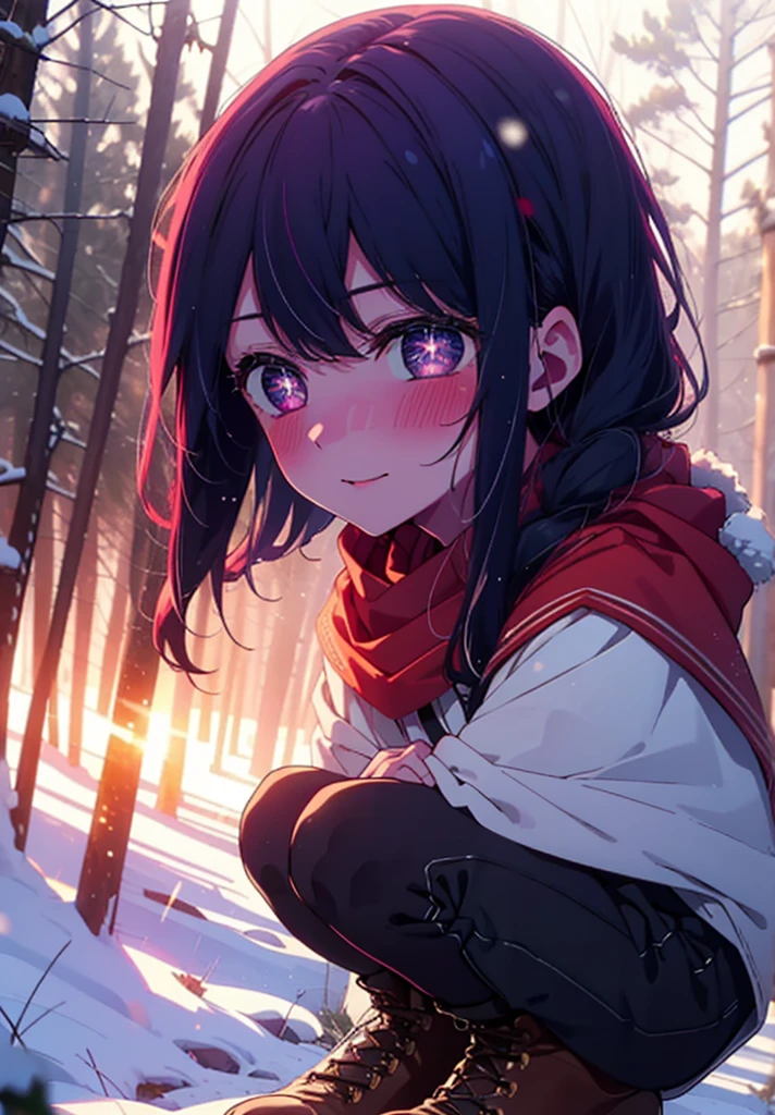 aihoshino, Ai Hoshino, Long Hair, bangs, (Purple eyes:1.1), Purple Hair, (Symbol-shaped pupil:1.5), smile,,smile,blush,White Breath,
Open your mouth,snow,Ground bonfire, Outdoor, boots, snowing, From the side, wood, suitcase, Cape, Blurred, , forest, White handbag, nature, Squat, Mouth closed, Cape, winter, Written boundary depth, Black shoes, red Cape break looking at viewer, Upper Body, whole body, break Outdoor, forest, nature, break (masterpiece:1.2), Highest quality, High resolution, unity 8k wallpaper, (shape:0.8), (Beautiful and beautiful eyes:1.6), Highly detailed face, Perfect lighting, Highly detailed CG, (Perfect hands, Perfect ???????),
