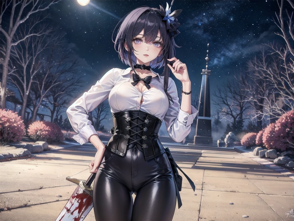 ((blood droplets)), ((blood)), ((blood splatter)), ((blood on clothes)), ((blood stain)), Masterpiece, Beautiful art, professional artist, 8k, Very detailed face, Detailed clothing, detailed fabric, 2 girls, Soul Fullness \(Honkai Impact 3rd\), front view, standing, BIG BREASTS, perfectly drawn body, shy expression, pale skin, beautiful face, short dark blue hair, 4k eyes, very detailed eyes, pink cheeks, choker:1.6, (white long sleeve button down shirt with white collar), black gloves, gloves that cover hands, (holds an ax with his right hand), (black leather corset), (shiny black leggings), Sensual Lips , winter night, show details in the eyes, looking at the viewer, dark forest, Atmosphere, fog, At night