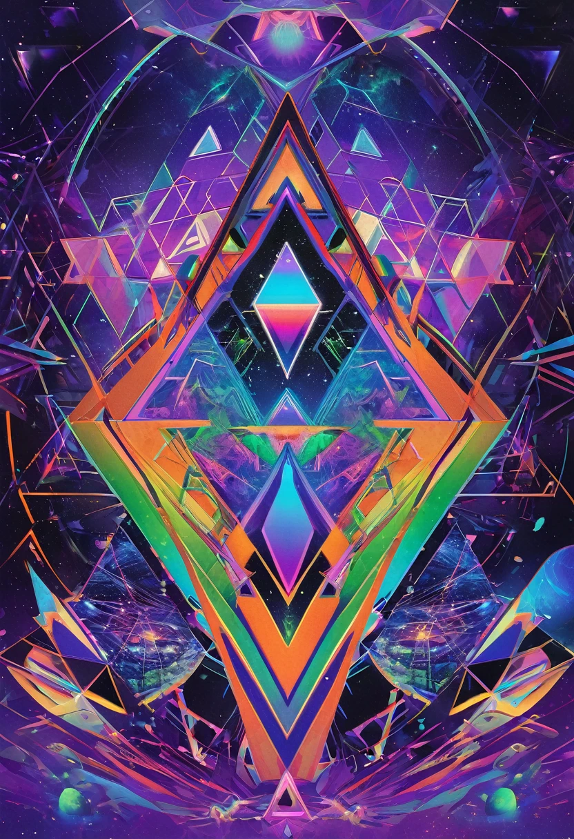 psychedelic out of reality mystical seen from the front, futuristic and geometric technology backdrop, spirit, dmr, md, mdma, thc intergalactic, other planets and mirror effects, colors, purple, green, blue and orange. electronic album cover