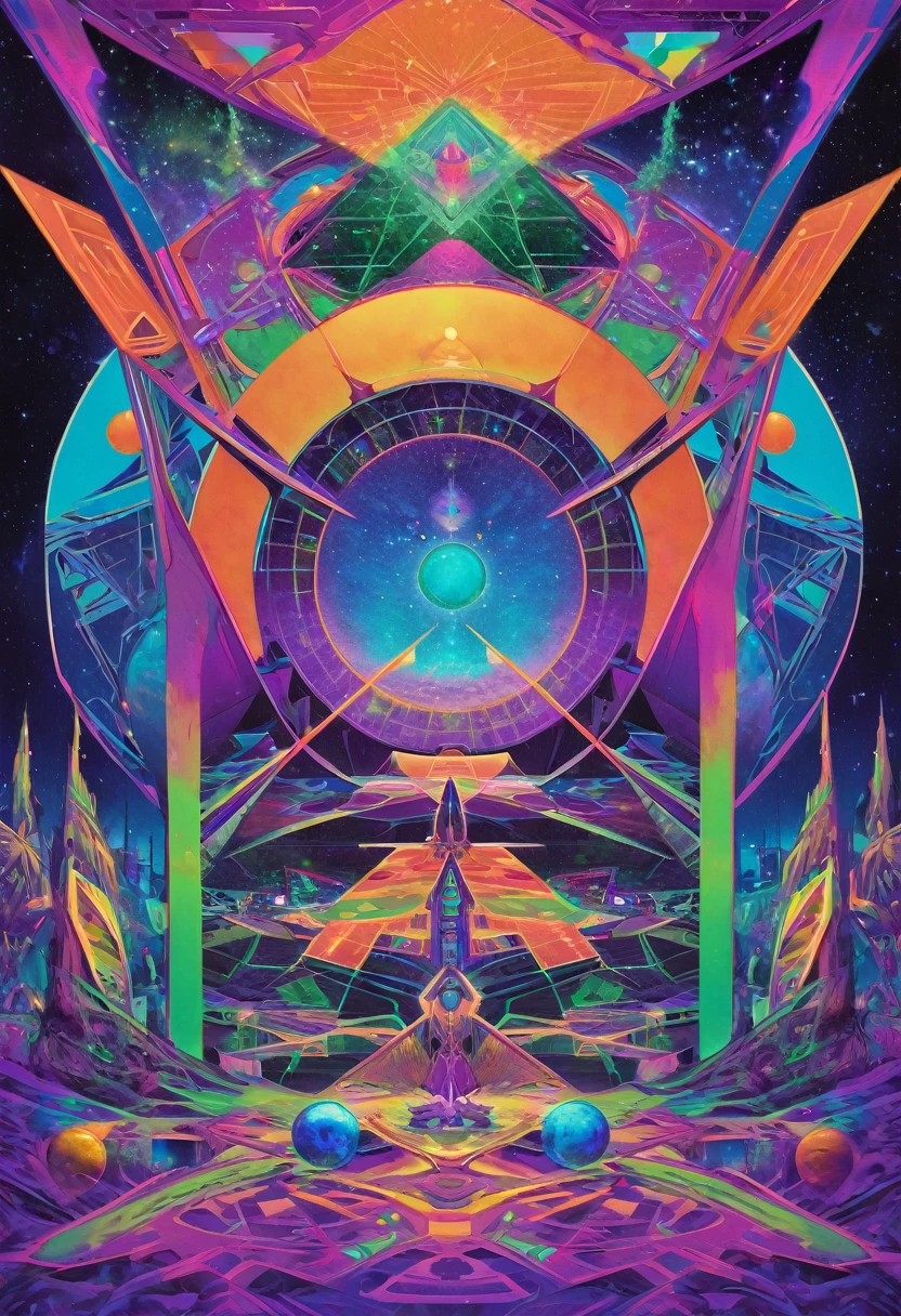 psychedelic out of reality mystical seen from the front, futuristic and geometric technology backdrop, spirit, dmr, md, mdma, thc intergalactic, other planets and mirror effects, colors, purple, green, blue and orange. electronic album cover