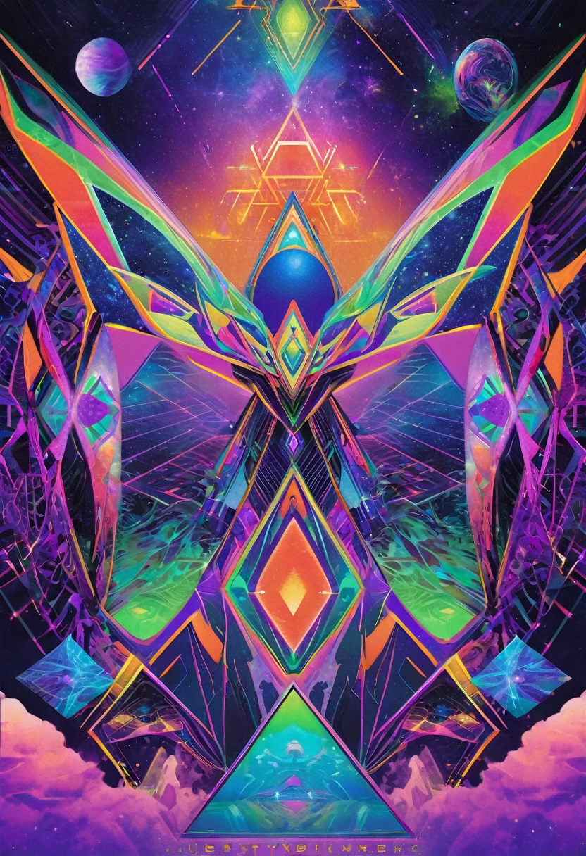 psychedelic out of reality mystical seen from the front, futuristic and geometric technology backdrop, spirit, dmr, md, mdma, thc intergalactic, other planets and mirror effects, colors, purple, green, blue and orange. electronic album cover