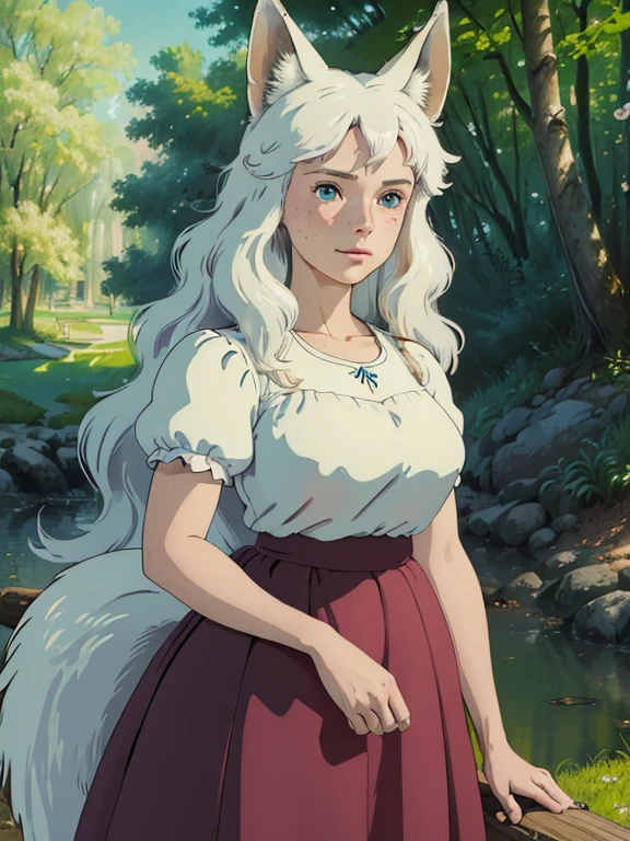 (best quality,4k,8k,highres,masterpiece:1.2), ultra-detailed, realistic:1.37, young solo girl, detailed blue eyes, fox ears,fox tail, freckles,large breasts, cute, white hair, long wavy hair, portrait, vibrant colors, soft lighting, in a park, wearing a chicken top and a skirt