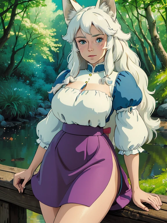 (best quality,4k,8k,highres,masterpiece:1.2), ultra-detailed, realistic:1.37, young solo girl, detailed blue eyes, fox ears,fox tail, freckles,large breasts, cute, white hair, long wavy hair, portrait, vibrant colors, soft lighting, in a park, wearing a chicken top and a skirt