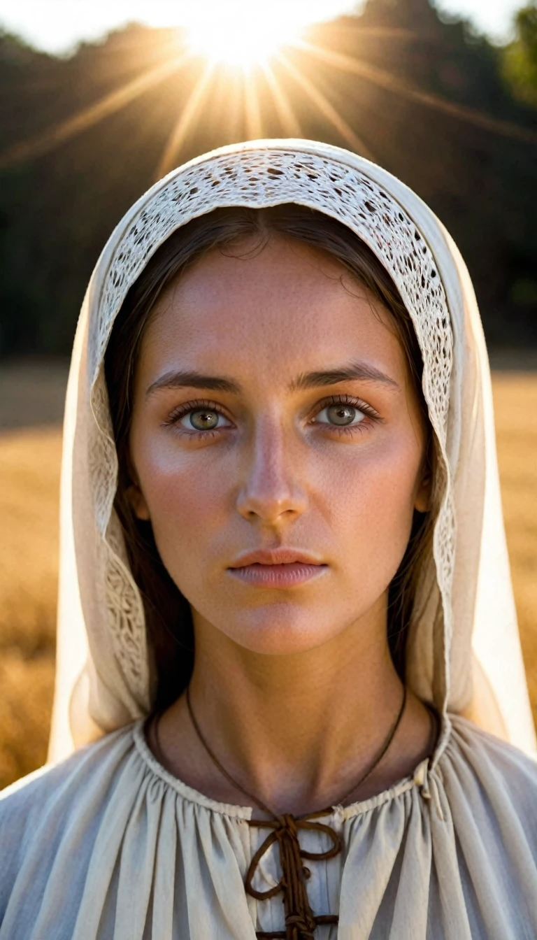 Frontal portrait (from the front) Mary, Mother of Jesus, eyes firm and aligned (symmetry in frontal portrait) (young woman punished by the sun) capturing her face. period lighting and senario (simple peasant style clothing)..