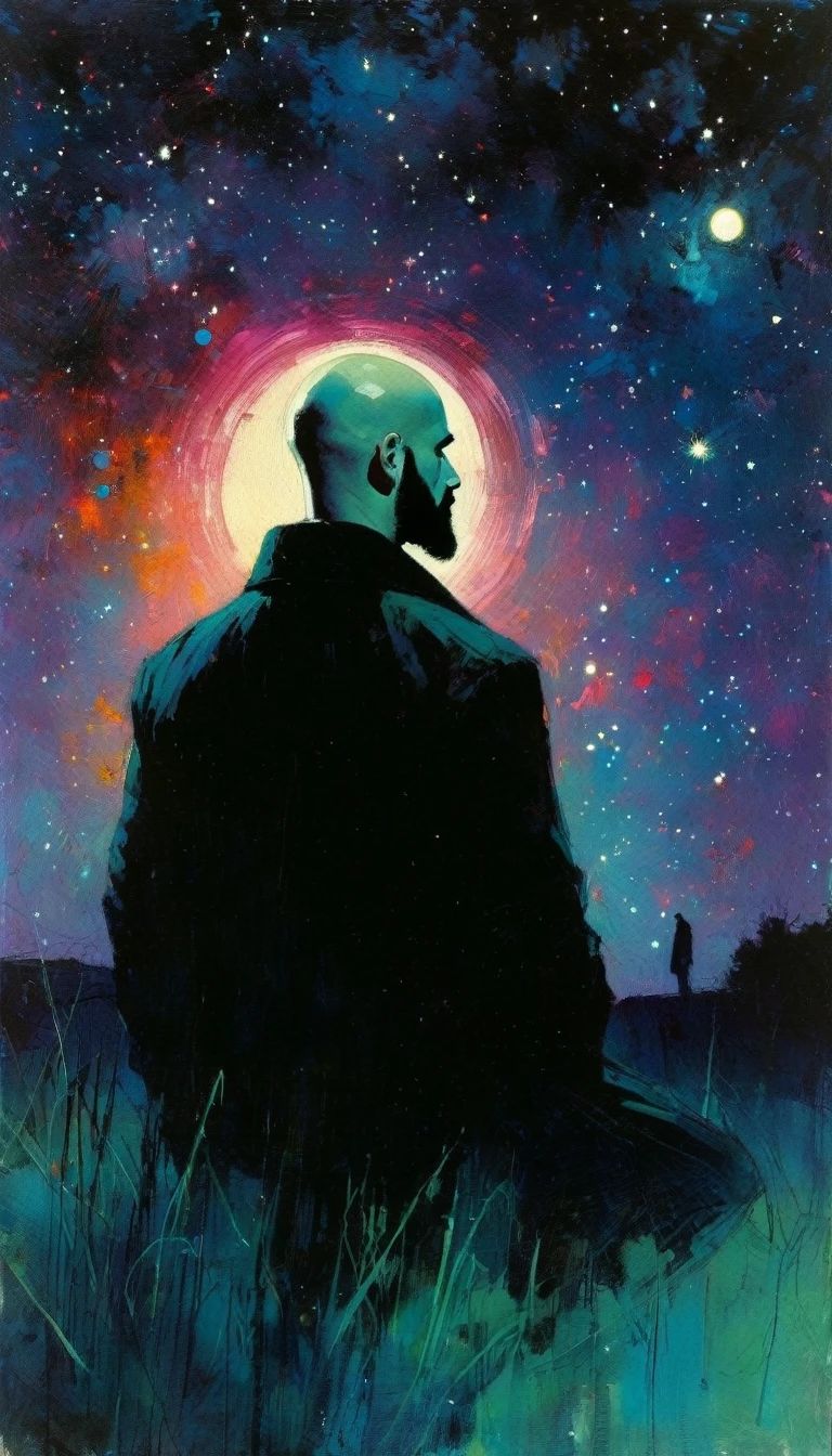young, bald man with black beard, loneliness, fantastic, night sky, moon, stars, background (art inspired by Bill Sienkiewicz). oil painting)