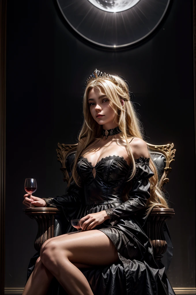 1girl, black dress, holding wineglass, sitting on a throne, throneroom, blonde hair, long hair, dusk, midnight, moonlight reflection, from below, air of superiority