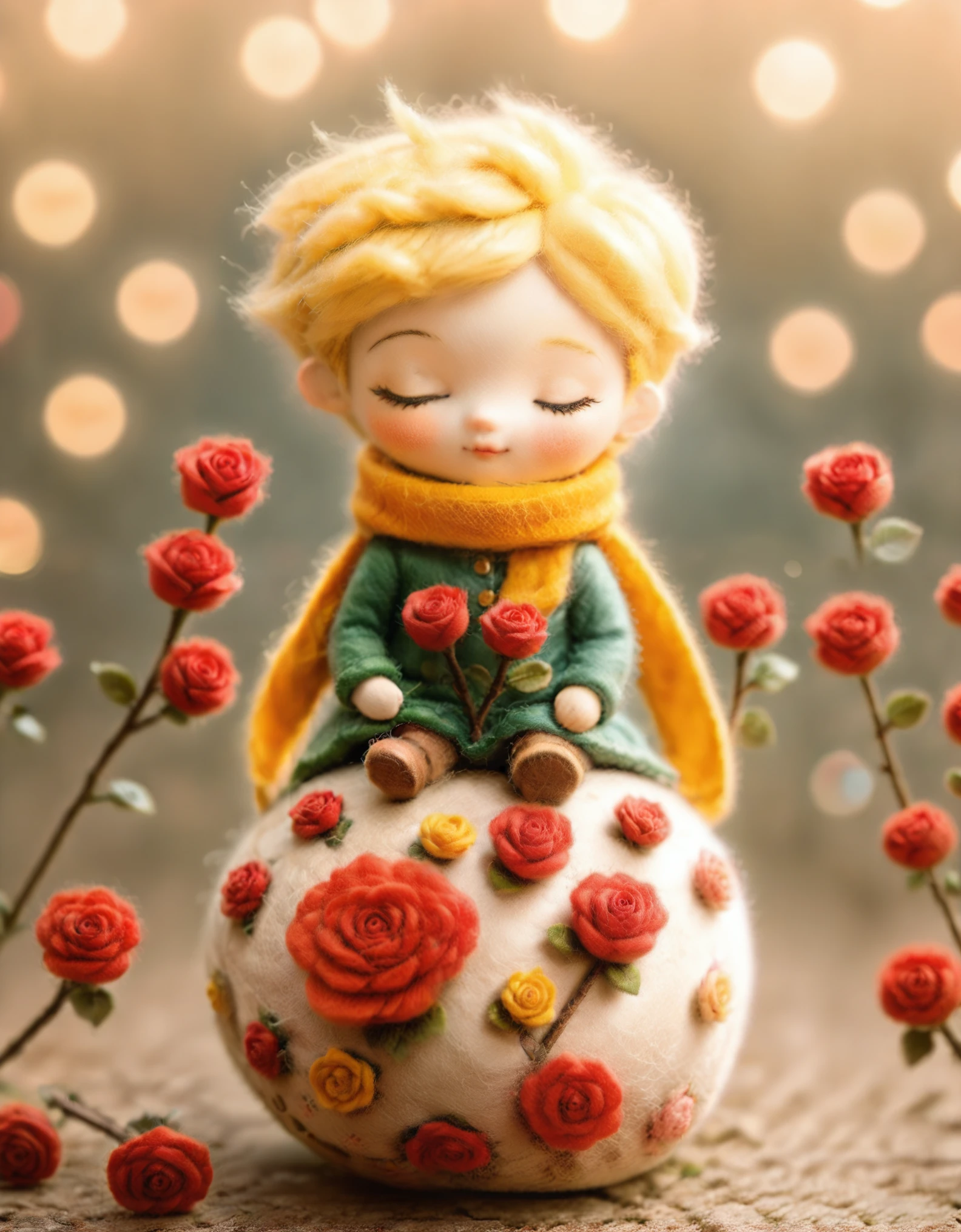 1girl,maozhan
felt style,the image showcases a whimsical doll with golden hair,closed eyes,and a scarf,seated on a spherical object. The doll holds a red rose and is surrounded by bokeh lights. The main colors are green,orange,and red.,
masterpiece, newest, absurdres,safe
