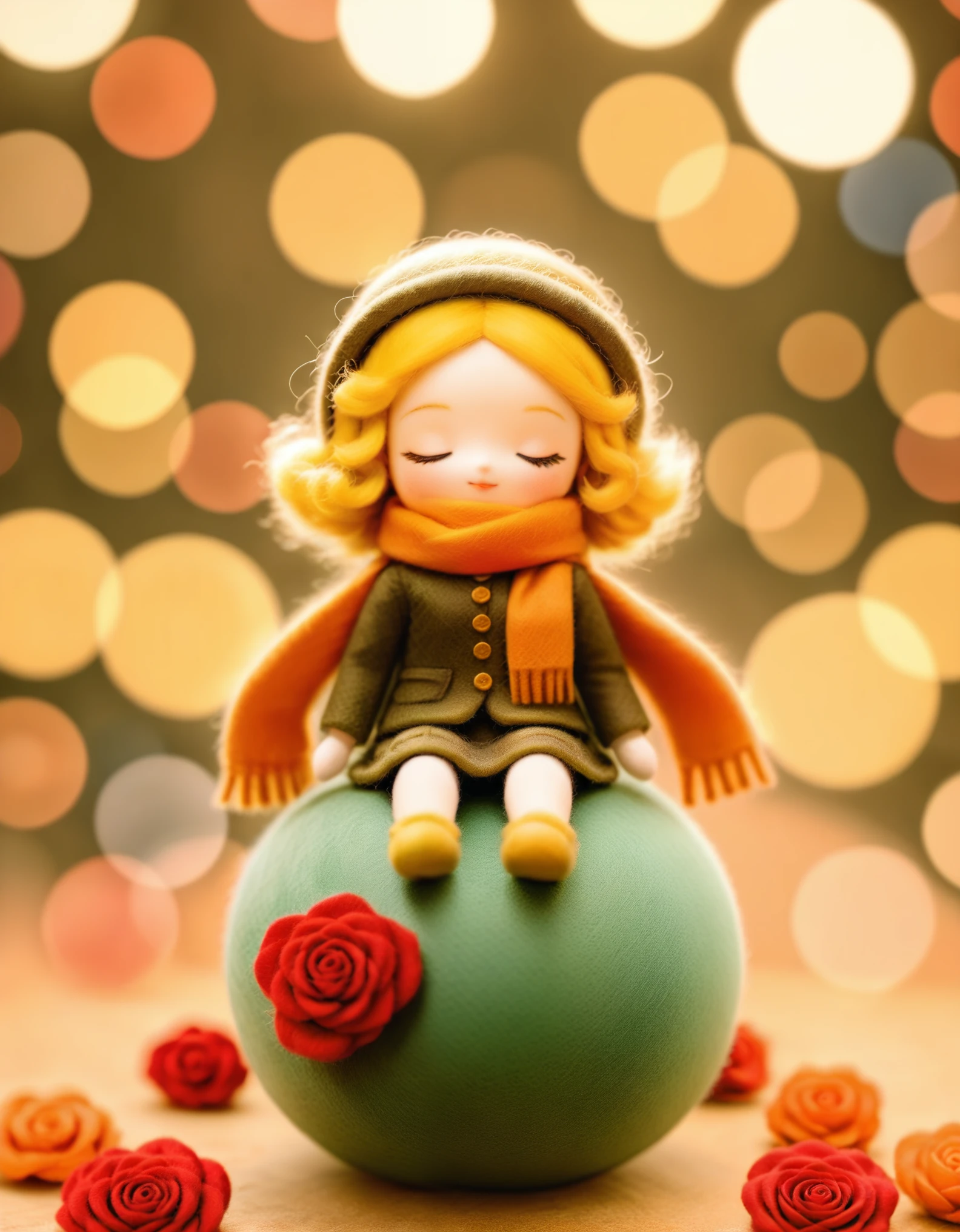 1girl,maozhan
felt style,the image showcases a whimsical doll with golden hair,closed eyes,and a scarf,seated on a spherical object. The doll holds a red rose and is surrounded by bokeh lights. The main colors are green,orange,and red.,
masterpiece, newest, absurdres,safe
