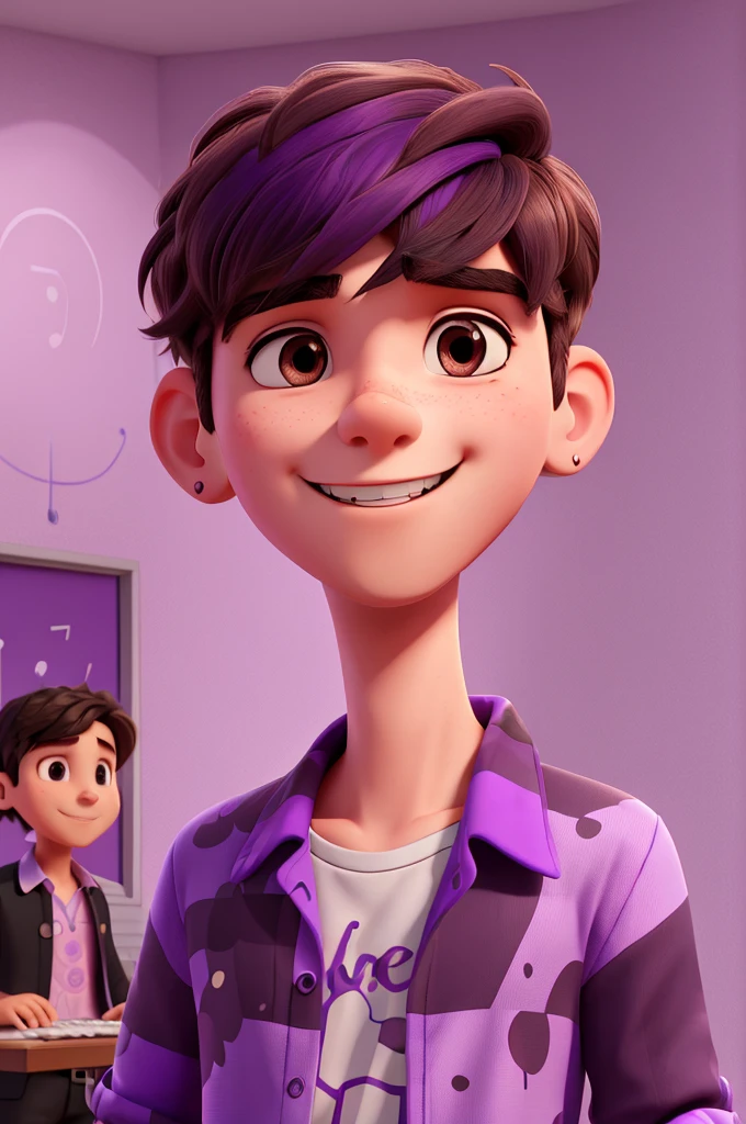 create an image of a young man who likes music wearing a purple blouse with a purple music print, brown or black hair, and using wireless headphones, face with happy expression