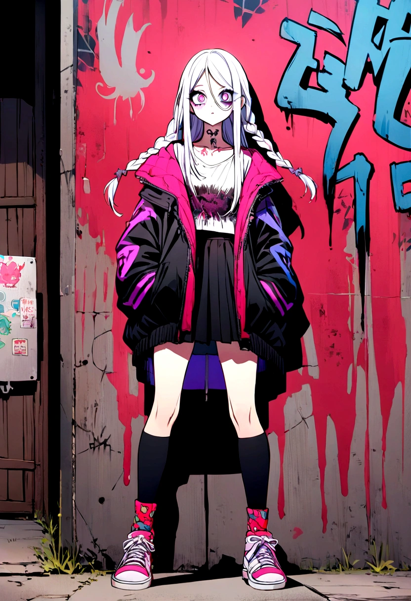 Step Piece, Best Quality, Best Illustration, Ultra-detailed,girl, pinkrose long hair, crazy baddie girl, Cool Black Open Short Jacket, neck tattoo, Messy Fade Cut Hair, Side braided hair,Crazy, standing with an eerie feeling, abandond street graffiti wall background,knee high socks, quirky sneakers, Eyeshadow on the eyes,unusual colored eyes, Eyes of fear, Vivid eyes, cool shot
