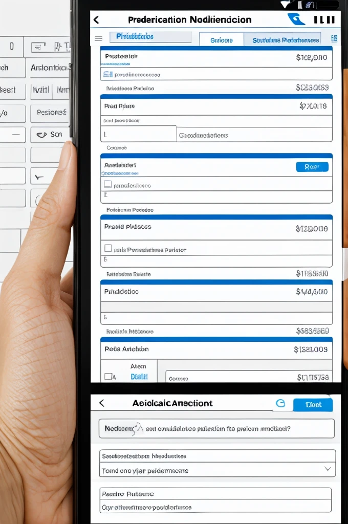 Create the main screen of a pharmaceutical application with several sections such as address, pharmacy location, price of the medication and the pharmacies where they still have the medication