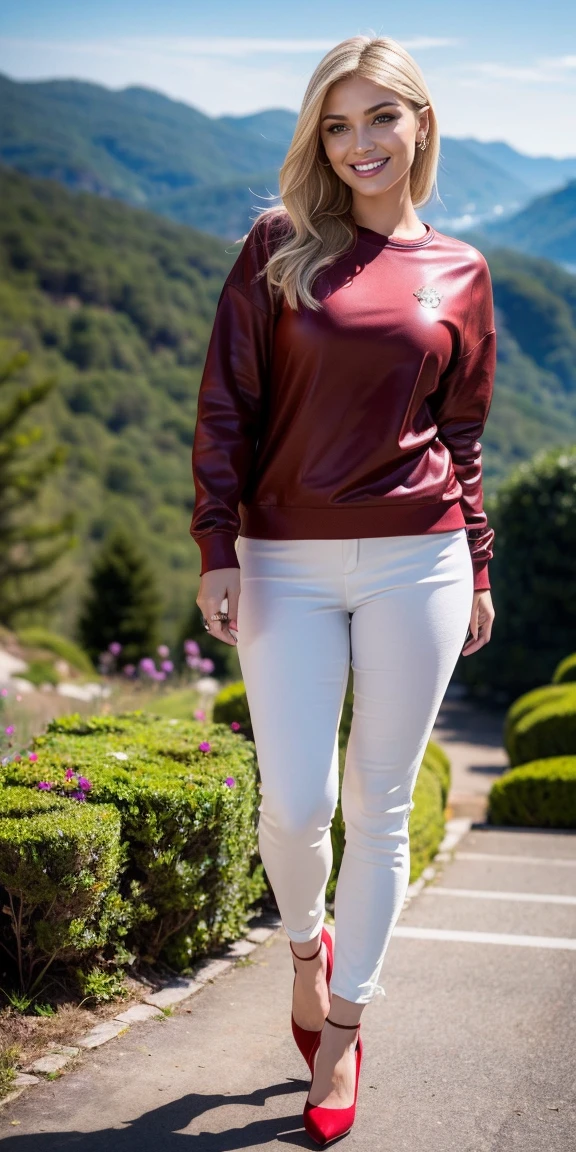 Allie Dunn, blond hair, (burgundy sweatshirt), (cream pants), (high heels), (perfect leggs), (whole body), (posing), (photo pose), (walking on the mountain), (confident stance), (alluring allure), (impeccable craftsmanship), (exquisite attention to detail), (smile) (perfect smile), perfect lipps), (perfect teeth), (perfect smile), (irresistible sexiness), (designed to ignite passion), (undeniable sensuality). looking at viewer, smiling, masterpiece, best quality, highly detailed, (Beautiful and detailed eyes), (beautiful and detailed face), Perfect female body, (Best Quality), (ultra-detailed), (master piece), (high resolution), (Original), (the Extremely Detailed CG Unity 8K Wallpapers), big , perfect skin, perfect face, ultra realistic, sexy.