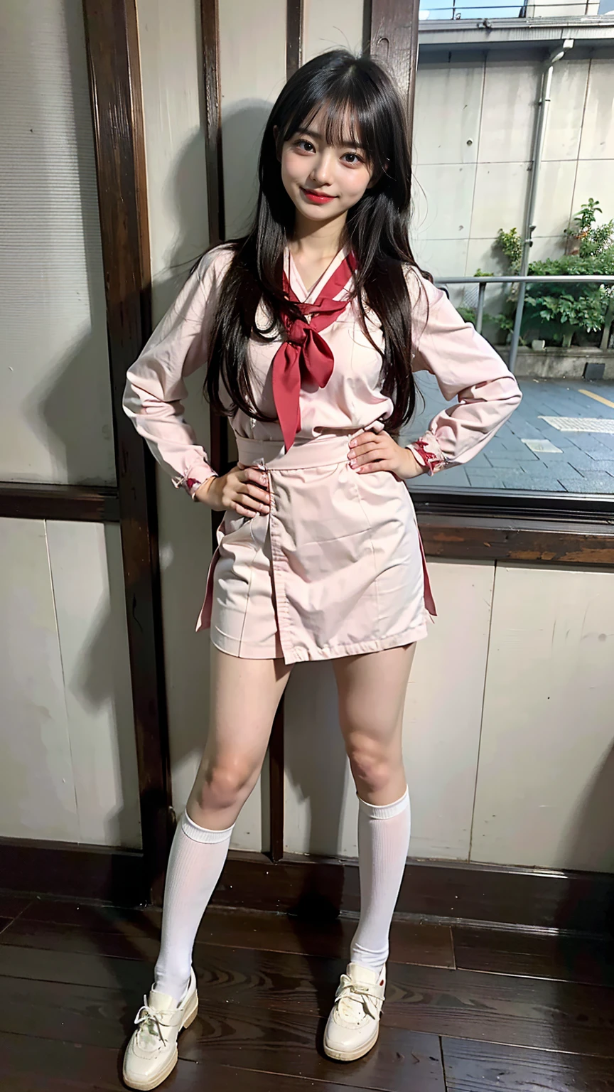 (8K、RAW Photos、Highest quality、masterpiece:1.2)、(Realistic、Realistic)、1 Girl、((Japanese High School Uniform:1.2、Thin legs、whole body、View from the front、smile、Looking into the camera、Stand with hands on hips))、cute