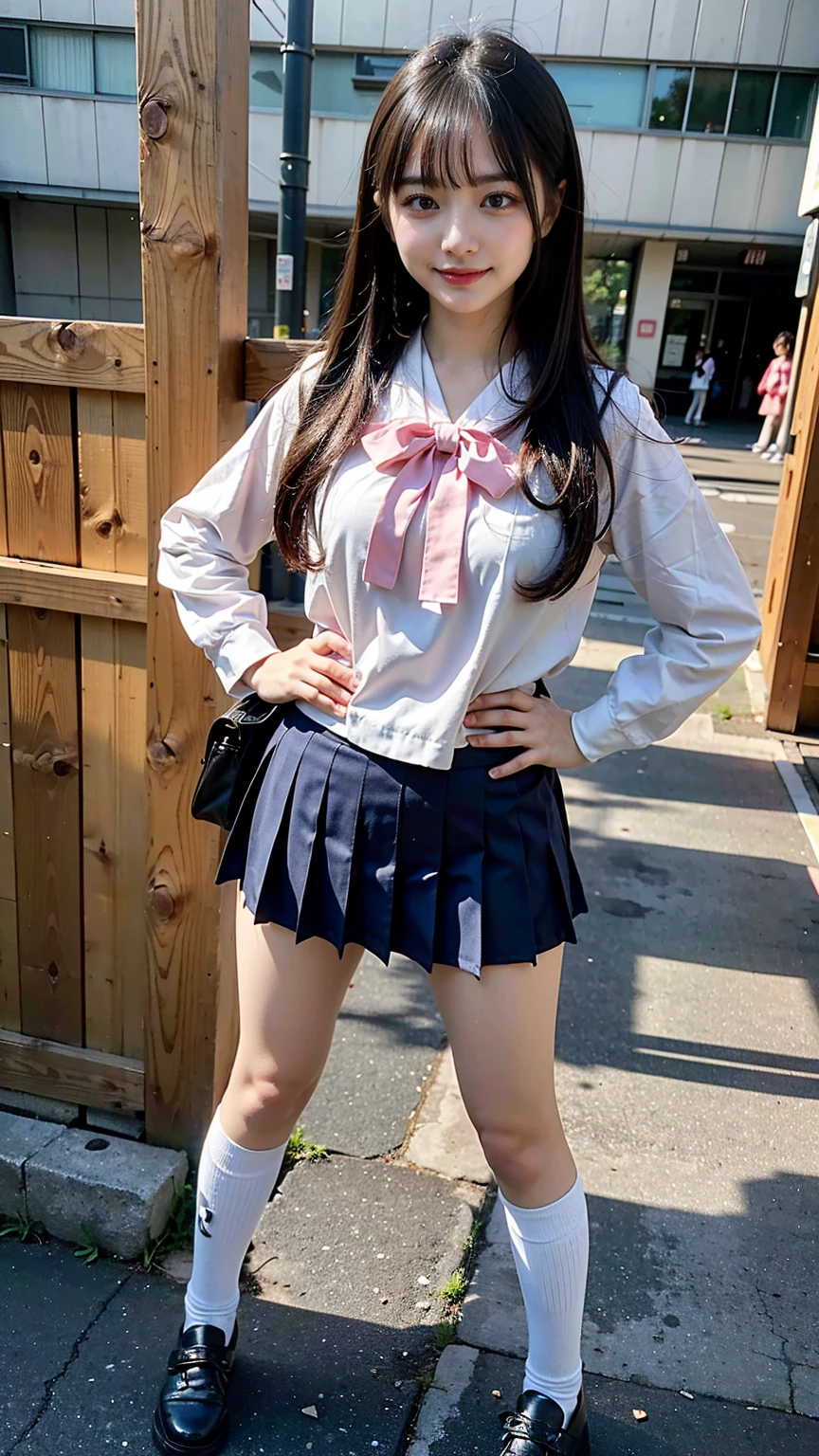(8K、RAW Photos、Highest quality、masterpiece:1.2)、(Realistic、Realistic)、1 Girl、((Japanese High School Uniform:1.2、Thin legs、whole body、View from the front、smile、Looking into the camera、Stand with hands on hips))、cute