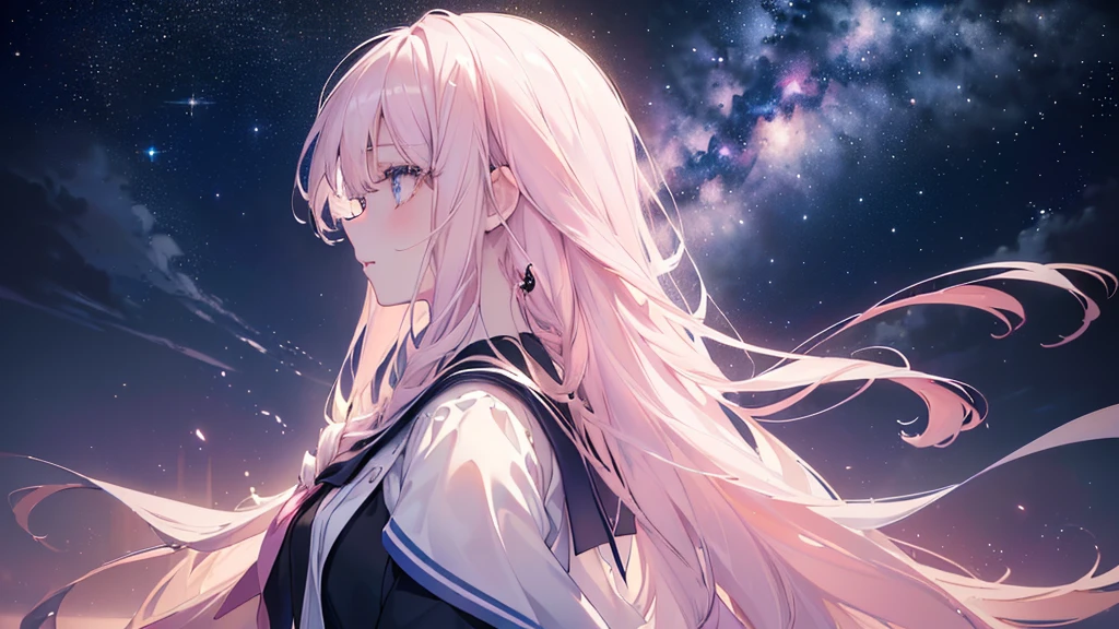 (Night Sky), ((Beautiful eyes)), (((profile))), (((Highest quality、masterpiece、Ultra-fine、Ultra-fine、Exquisite、16K、Full HD,high school girl))) 、Long eyelashes、White skin、(thin and long)、 ((cute)) ((One person)),Zoom out,(A magnificent composition、epic proportion)、(Pale pink lips、Pale pink cheeks、thin and long)、Dynamic lighting,