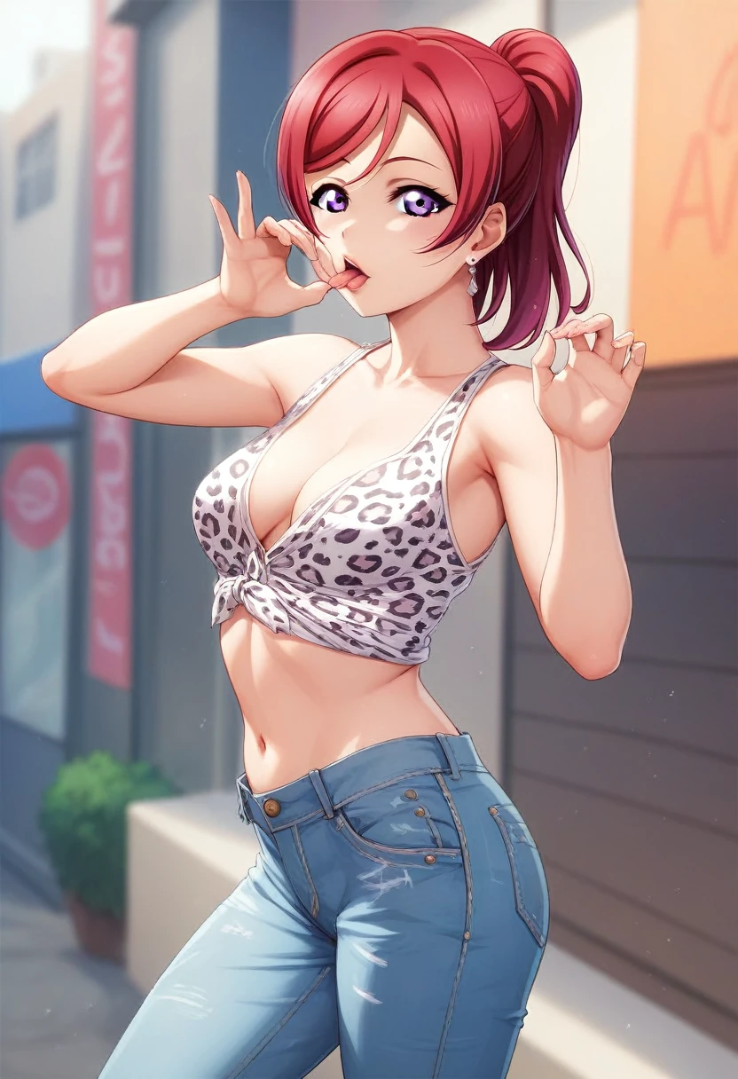 Masterpiece, love live,sexy,facial details, 1girl, detailed body part details, cowboy shot, breasts,8k wallpaper, looking at viewer, nishikino maki, very low waisted jeans pants, white underwear, leopard printed tank top, earrings,in street , fellatio finger pose, earrings, purple eyes, standing ,red hair , open fly