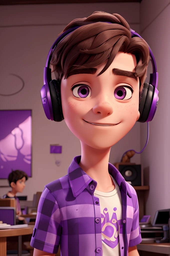 create an image of a young man who likes music wearing a purple blouse with a purple music print, brown or black hair, and using headphones